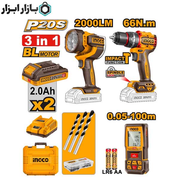 ست کمبو شامل دریل شارژی/چراغ قوه/متر لیزری اینکو مدل COSLI250885